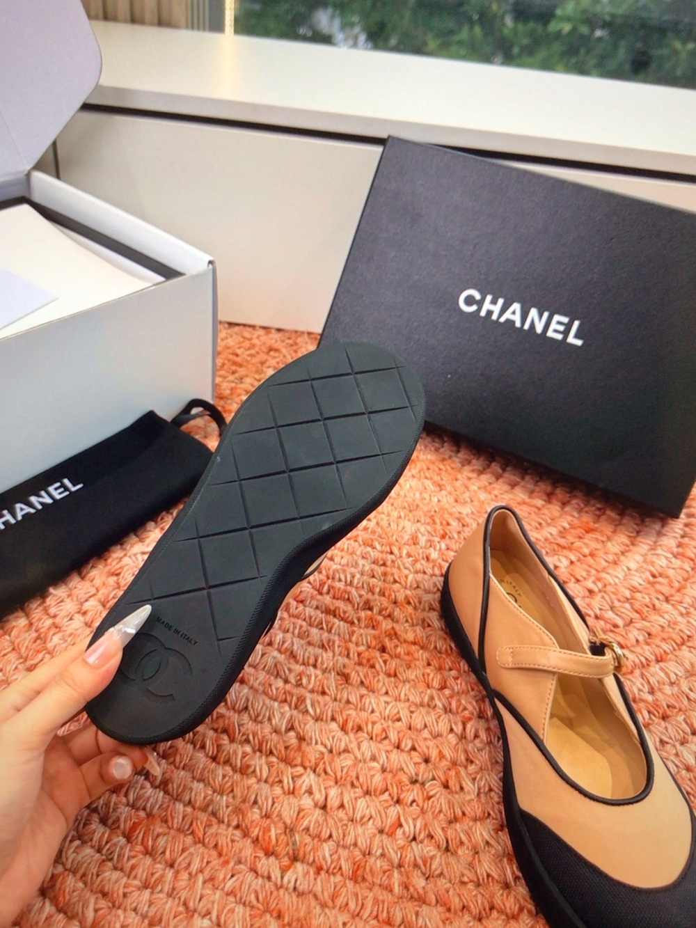 CHANEL Beige and Black Mary Jane Flats with Gold Buckle - Picture 8 of 8